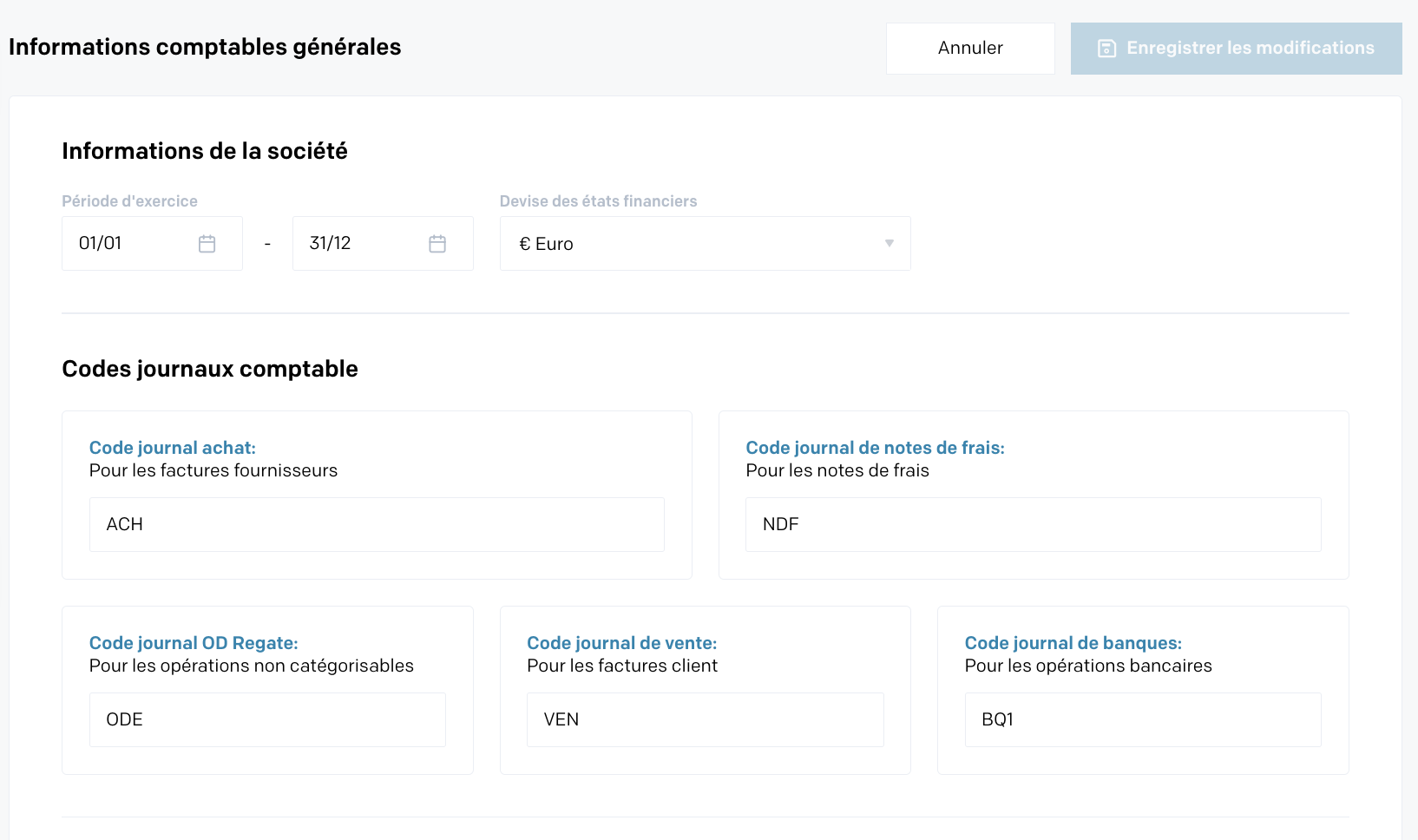 Les codes des journaux comptables dans Regate Guide Regate